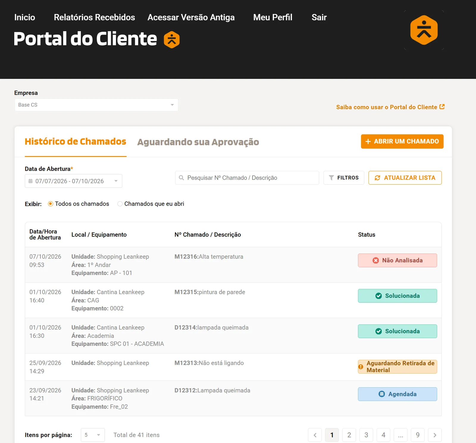 Portal do Cliente, com o menu Relatórios Recebidos