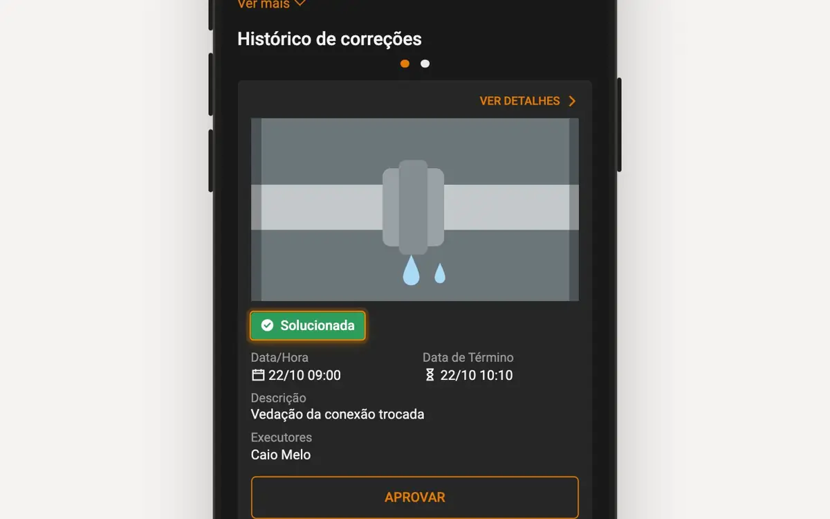 Animação: nova correção com foto, status Solucionada e material, salva no histórico