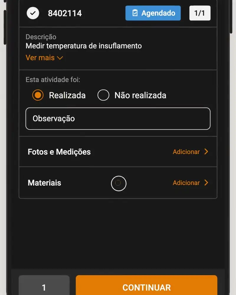 Animação: da Agenda do App à baixa concluída, com material, fotos e assinatura
