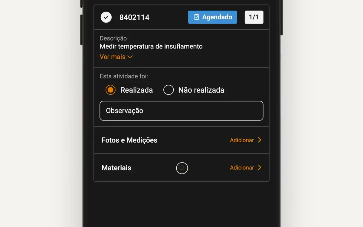 Animação: da Agenda do App à baixa concluída, com material, fotos e assinatura