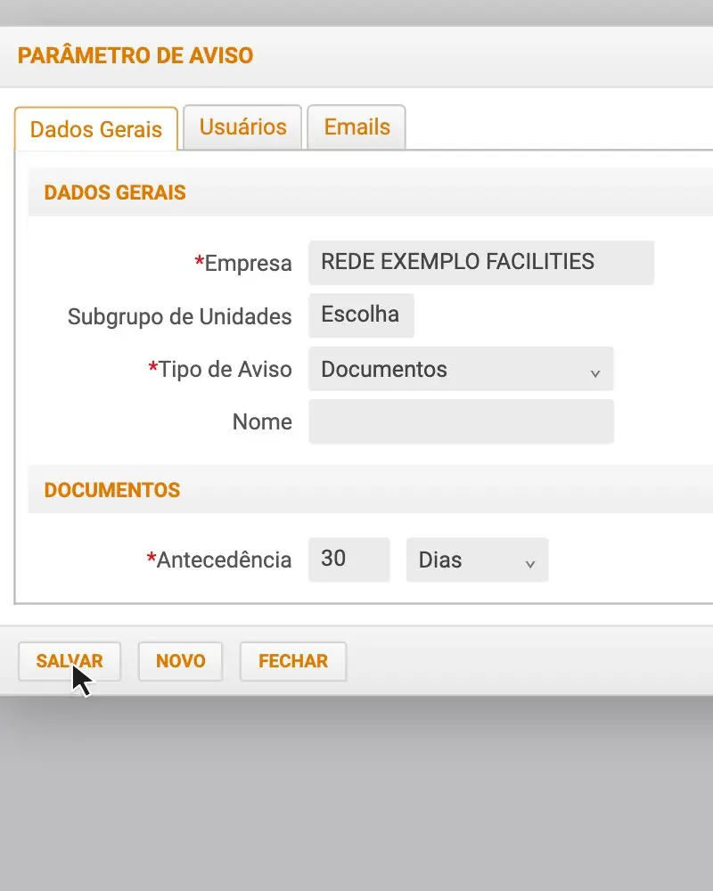 Animação: parâmetro de aviso de documentos e o usuário que recebe o e-mail