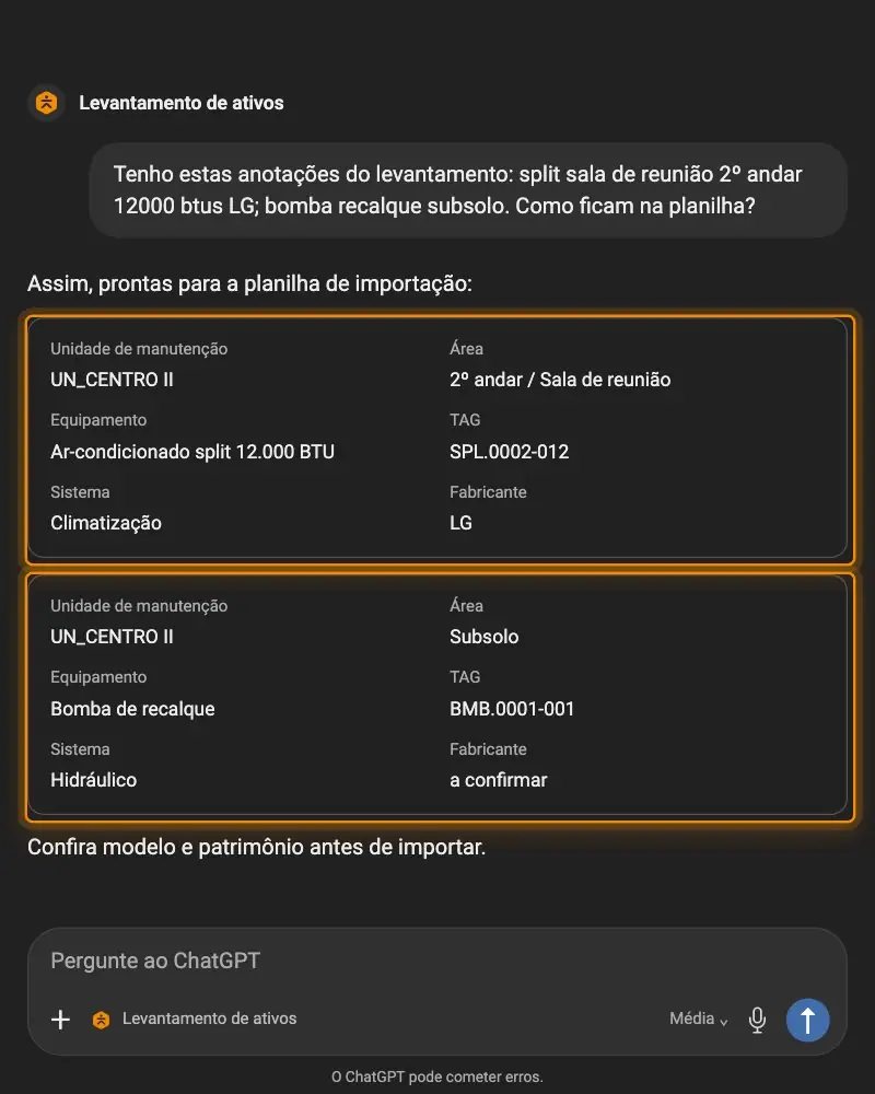 Animação: o GPT da Leankeep transforma anotações em linhas da planilha de ativos