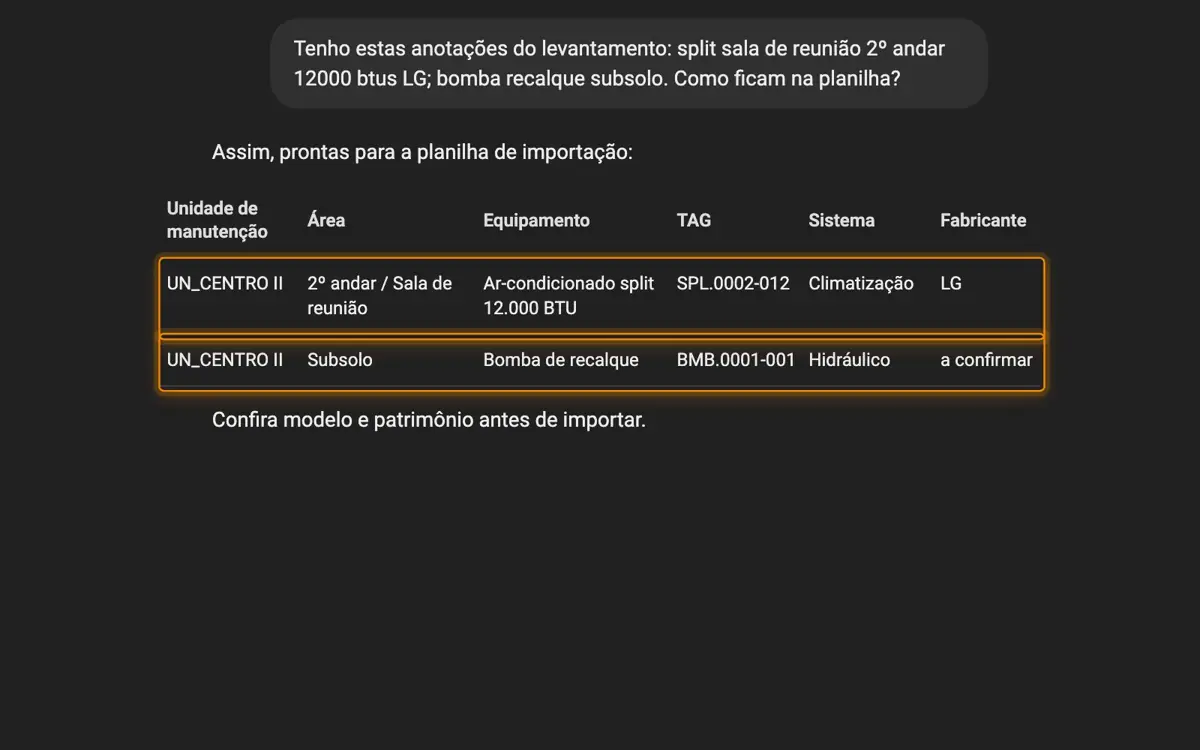 Animação: o GPT da Leankeep transforma anotações em linhas da planilha de ativos