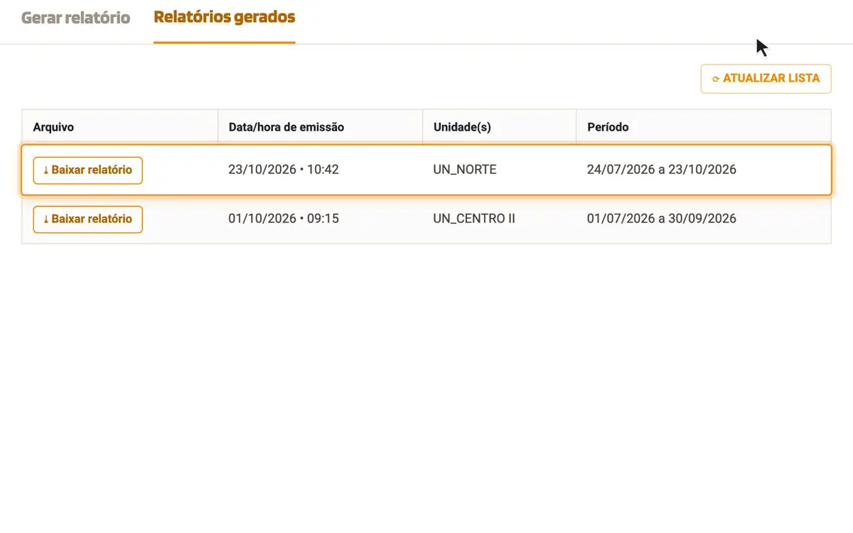 Animação: relatório PMOC configurado e listado em Relatórios gerados