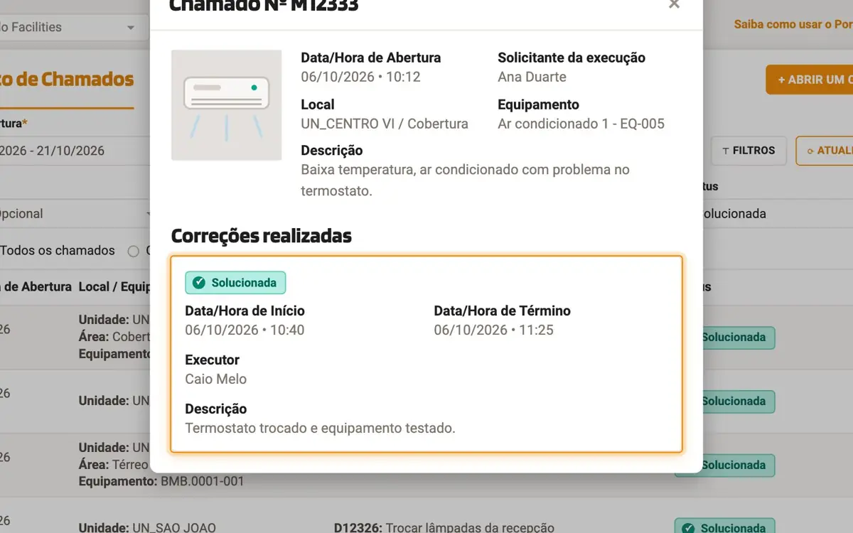 Animação: histórico, filtro de status e chamado solucionado no Portal do Cliente