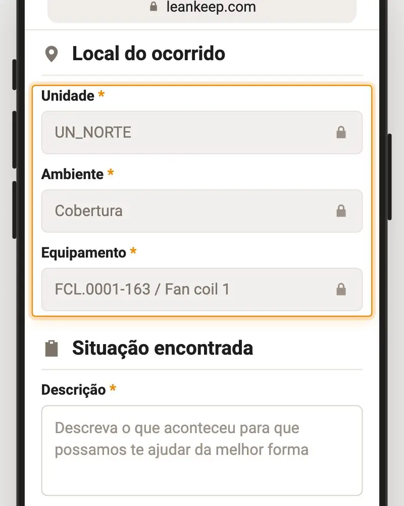 Animação: o QR Code abre o chamado com unidade, ambiente e equipamento preenchidos