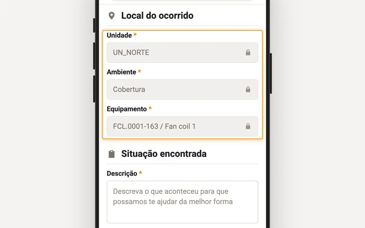 Animação: o QR Code abre o chamado com unidade, ambiente e equipamento preenchidos